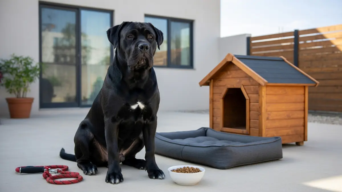 Un cane corso prix noir est assis devant sa niche en bois et son coussin