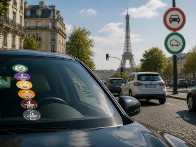 Voiture avec des pastilles écologiques sur le pare-brise à Paris pour savoir quelle vignette Crit'Air pour mon véhicule
