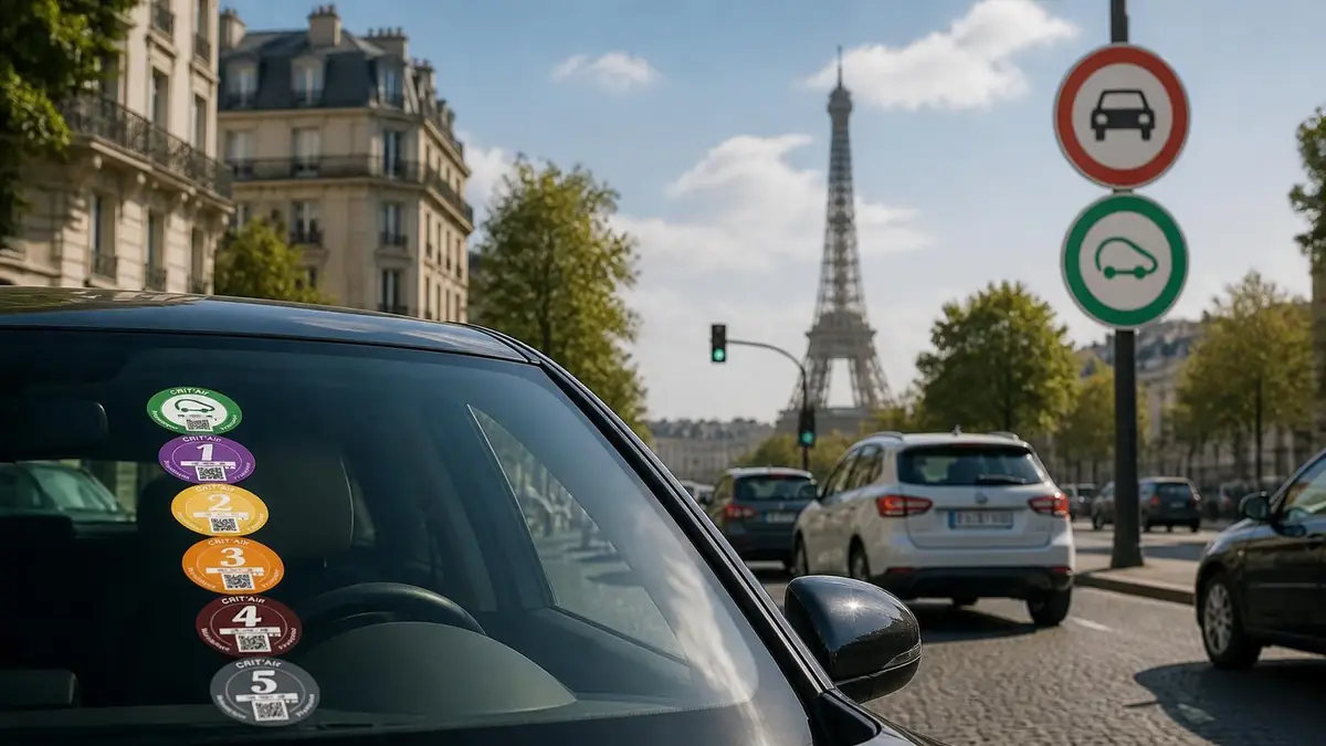 Voiture avec des pastilles écologiques sur le pare-brise à Paris pour savoir quelle vignette Crit'Air pour mon véhicule