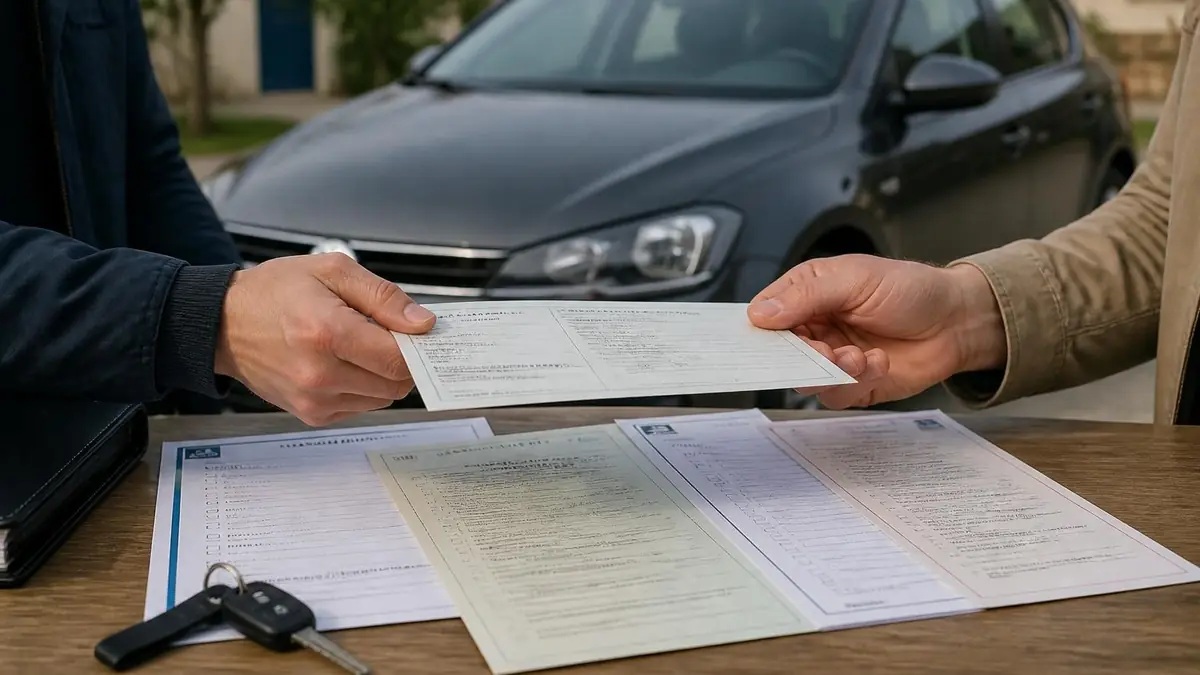 Deux personnes échangent les documents pour vente voiture devant un véhicule garé
