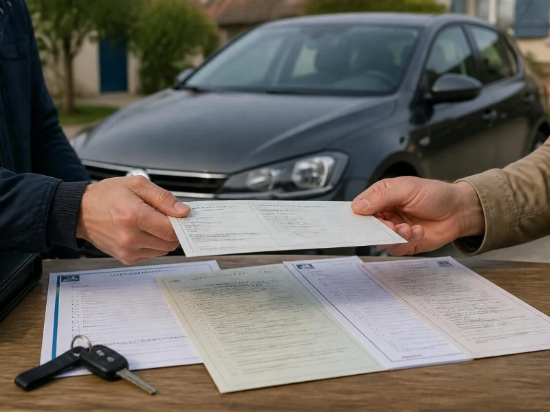 Deux personnes échangent les documents pour vente voiture devant un véhicule garé