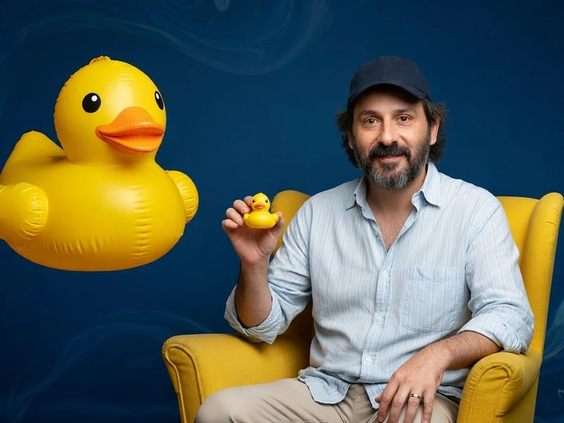 quentin dupieu est assis dans un fauteuil jaune en tenant un petit canard jaune à côté d'un grand canard en plastique