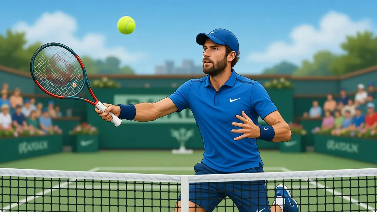 Quentin Halys s'apprête à frapper une balle sur un court de tennis verdoyant