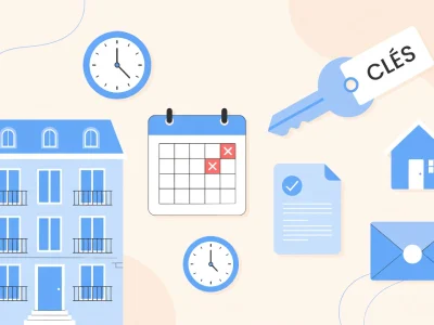 L'illustration présente des icônes d'immeuble calendrier horloges clé document et enveloppe pour le préavis pour un locataire