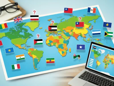 Une carte du monde avec des drapeaux et des points d'interrogation pour un quizz pays du monde ludique sur ordinateur