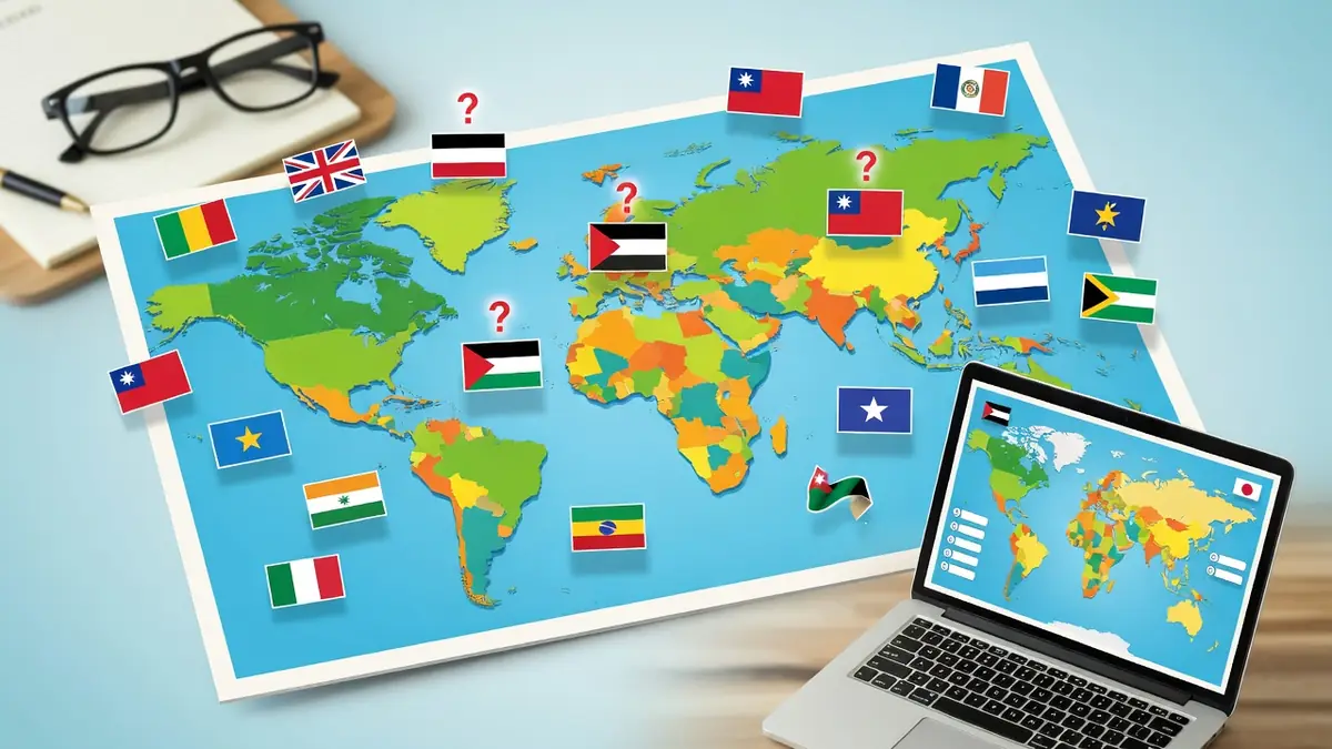 Une carte du monde avec des drapeaux et des points d'interrogation pour un quizz pays du monde ludique sur ordinateur