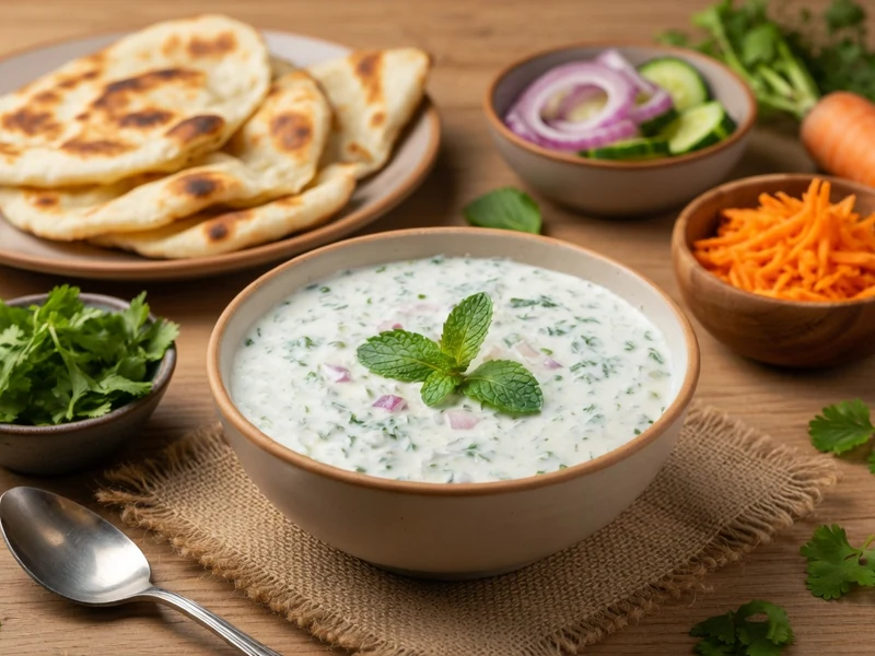 Un bol de Raitia garni de menthe est entouré de pains plats et de légumes frais sur une table en bois