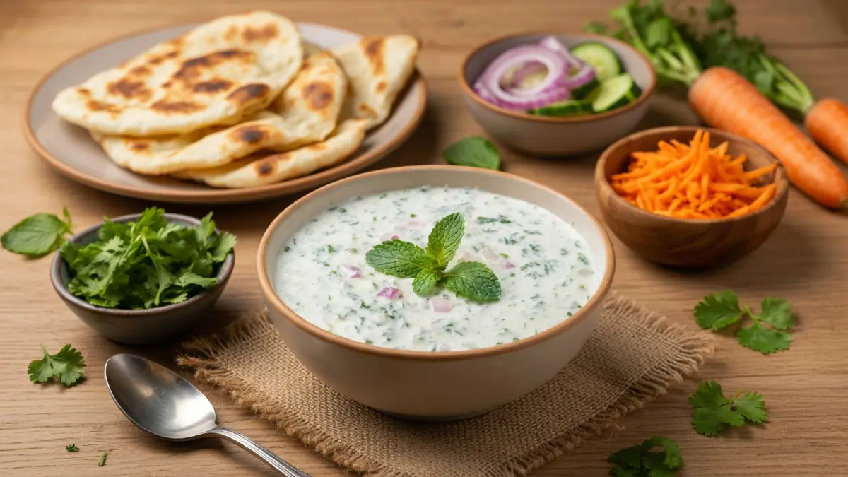 Un bol de Raitia garni de menthe est entouré de pains plats et de légumes frais sur une table en bois