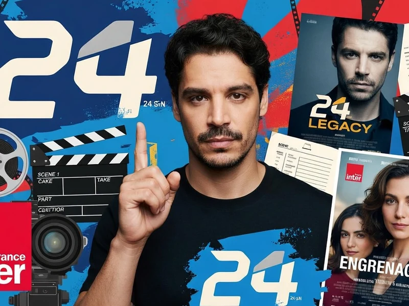 Portrait de Raphaël Acloque posant devant un montage graphique sur le thème du cinéma et de la production audiovisuelle