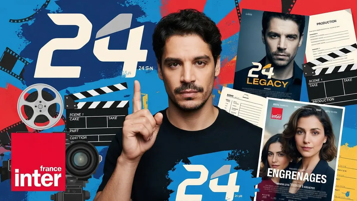 Portrait de Raphaël Acloque posant devant un montage graphique sur le thème du cinéma et de la production audiovisuelle