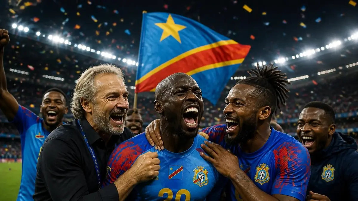 Joueurs et entraîneur de la RD Congo – Ouzbékistan célébrant joyeusement une victoire sur le terrain