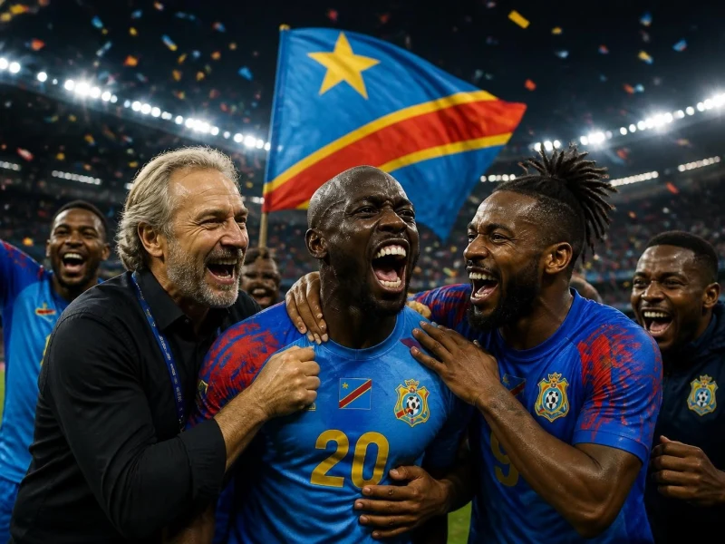 Joueurs et entraîneur de la RD Congo – Ouzbékistan célébrant joyeusement une victoire sur le terrain