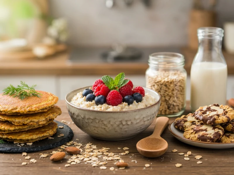 Présentation d'une recette flocon d avoine avec bol garni de fruits, pancakes et biscuits
