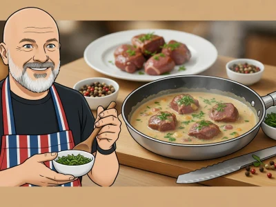 Un chef souriant prépare une délicieuse recette des rognons de veau mijotés dans une poêle à la crème