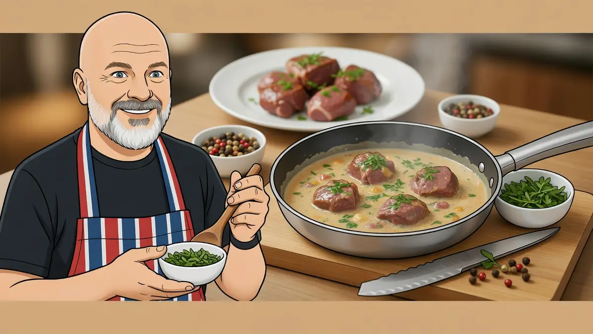 Un chef souriant prépare une délicieuse recette des rognons de veau mijotés dans une poêle à la crème