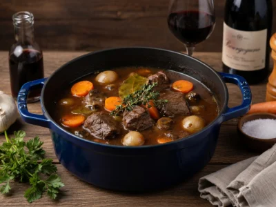 Cette image illustre des recettes bœuf bourguignon avec une cocotte de ragoût et du vin rouge