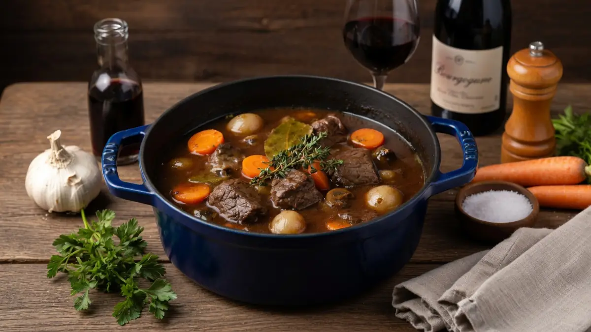 Cette image illustre des recettes bœuf bourguignon avec une cocotte de ragoût et du vin rouge