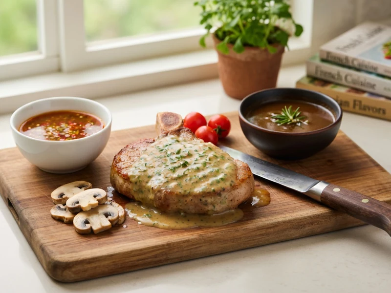 Une côte de porc en sauce avec champignons et tomates sur une planche illustre des recettes de côtes de porc