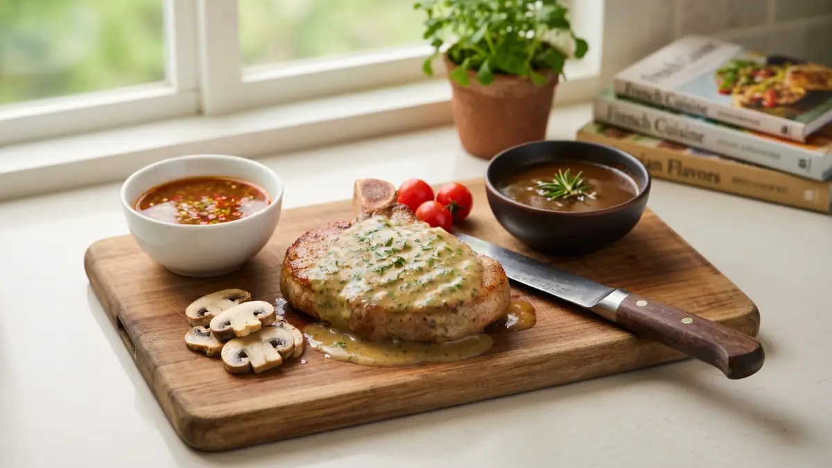 Une côte de porc en sauce avec champignons et tomates sur une planche illustre des recettes de côtes de porc