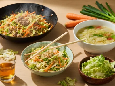Plusieurs recettes du chou chinois comme un plat au wok et une soupe sont mises en valeur sur une table