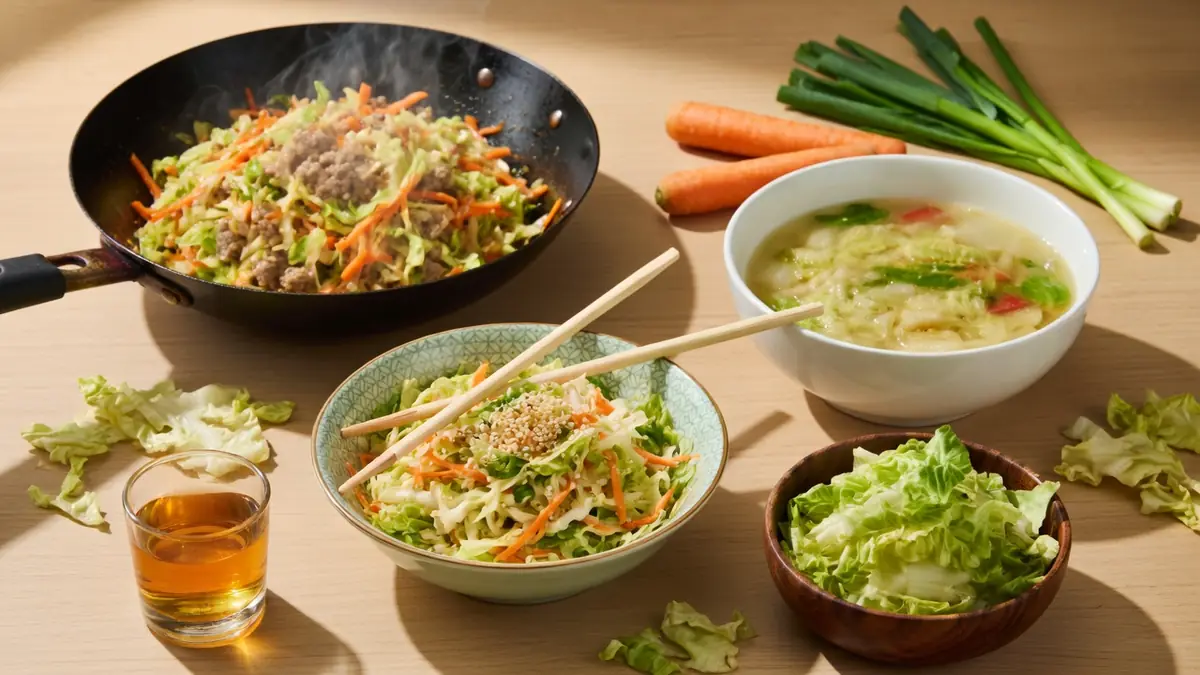 Plusieurs recettes du chou chinois comme un plat au wok et une soupe sont mises en valeur sur une table
