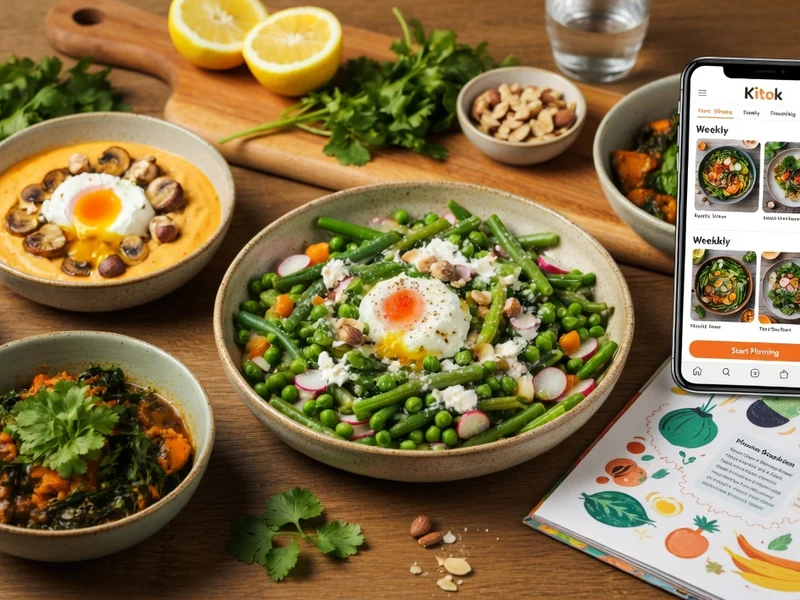 Une table en bois garnie de recettes végé dans des bols, accompagnée de citrons et de noix