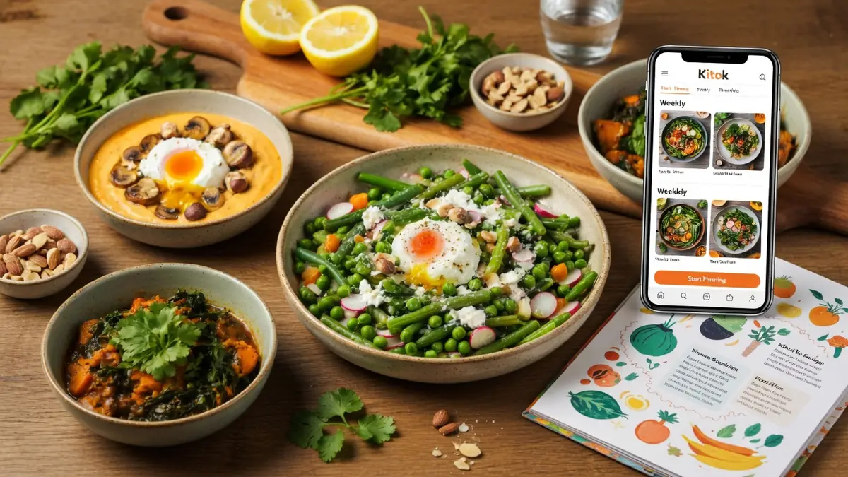 Une table en bois garnie de recettes végé dans des bols, accompagnée de citrons et de noix
