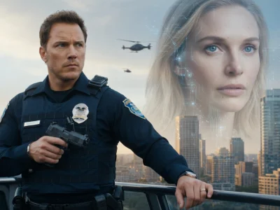 Un policier armé surveille une ville futuriste dominée par une intelligence artificielle qui a reconnu coupable la population