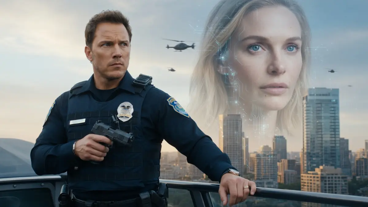 Un policier armé surveille une ville futuriste dominée par une intelligence artificielle qui a reconnu coupable la population