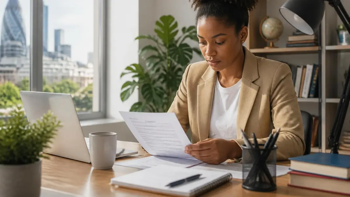 Une femme concentrée travaille à son bureau pour rédiger des lettres de motivation en anglais