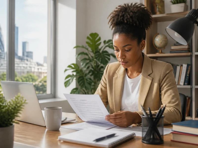 Une femme concentrée travaille à son bureau pour rédiger des lettres de motivation en anglais