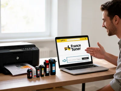Un homme souriant utilise un code promo France Toner sur son ordinateur à côté d'une imprimante et de cartouches