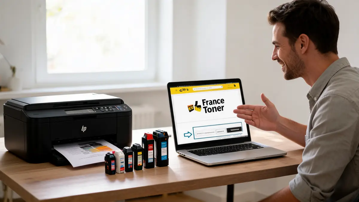 Un homme souriant utilise un code promo France Toner sur son ordinateur à côté d'une imprimante et de cartouches