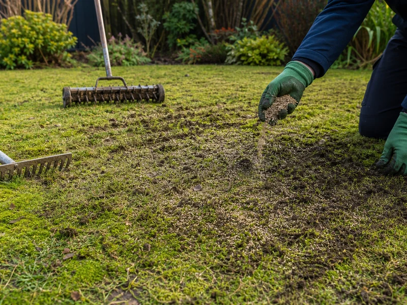 Un jardinier scarifie le gazon pour refaire une pelouse pleine de mousse.