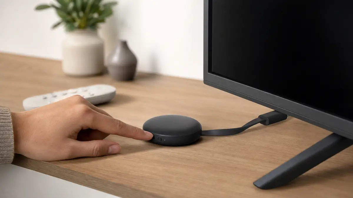 Une main appuie sur un appareil noir pour restaurer le Chromecast pres du televiseur.