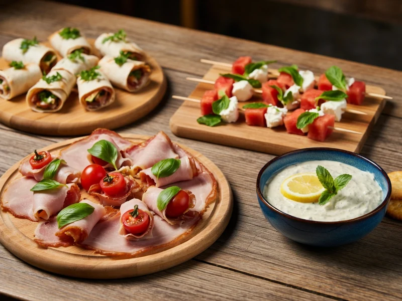 Une table en bois avec planches d'amuse-bouches variés pour un apéro dînatoire
