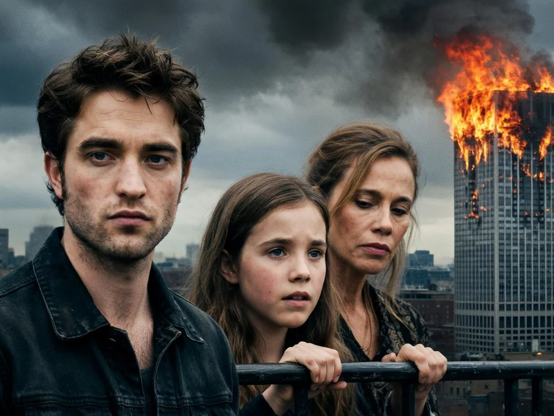 Robert Pattinson et deux actrices observent un gratte-ciel en feu dans une scène du film Remember Me