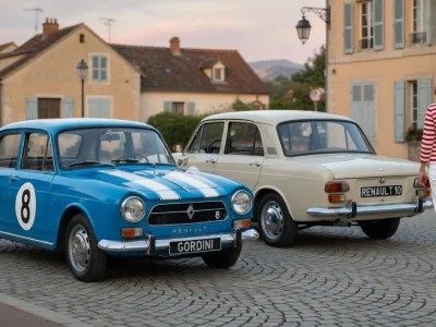 Les Renault 8 et 10 stationnées dans une rue pavée avec une femme qui s'éloigne.