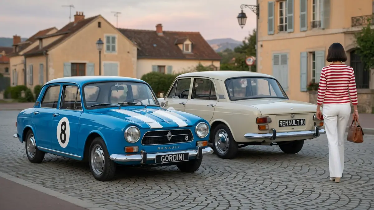 Les Renault 8 et 10 stationnées dans une rue pavée avec une femme qui s'éloigne.