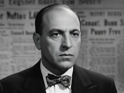 René Lefèvre pose en smoking et nœud papillon dans ce portrait en noir et blanc