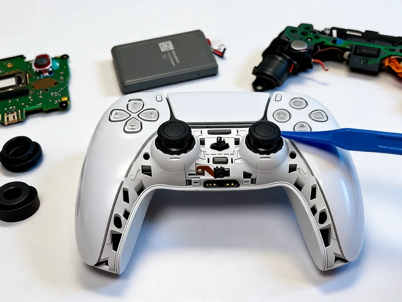 Pièces et outil bleu pour réparer manette PS5 autour d'une manette démontée