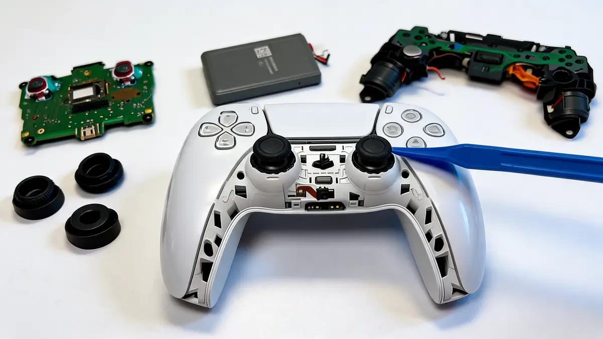 Pièces et outil bleu pour réparer manette PS5 autour d'une manette démontée