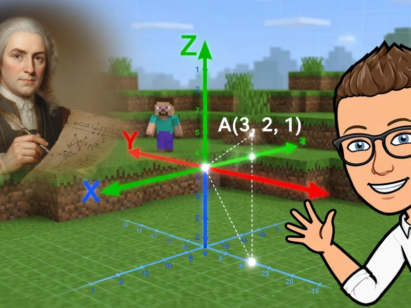 Un personnage et un mathématicien présentent un repère 3D illustrant le concept d'abscisse ordonnée dans un monde virtuel
