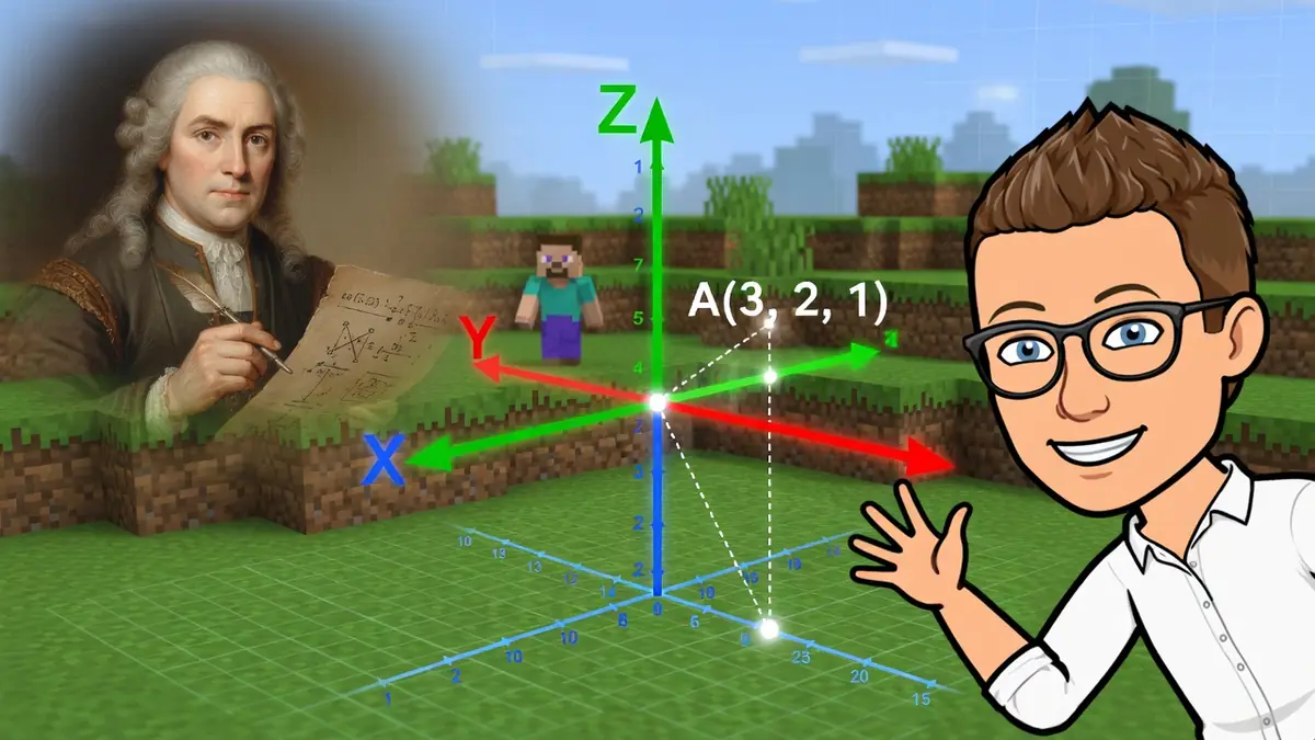 Un personnage et un mathématicien présentent un repère 3D illustrant le concept d'abscisse ordonnée dans un monde virtuel