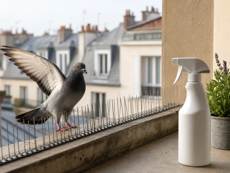 Un répulsif pigeon protège un balcon urbain contre les oiseaux.