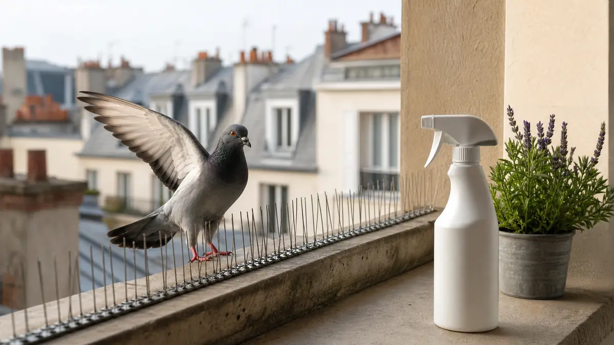 Un répulsif pigeon protège un balcon urbain contre les oiseaux.