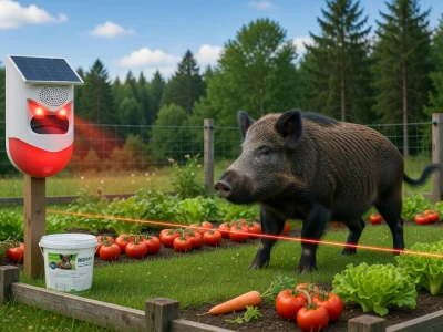 Un répulsif sanglier installé dans un potager dissuade un sanglier d'approcher des légumes