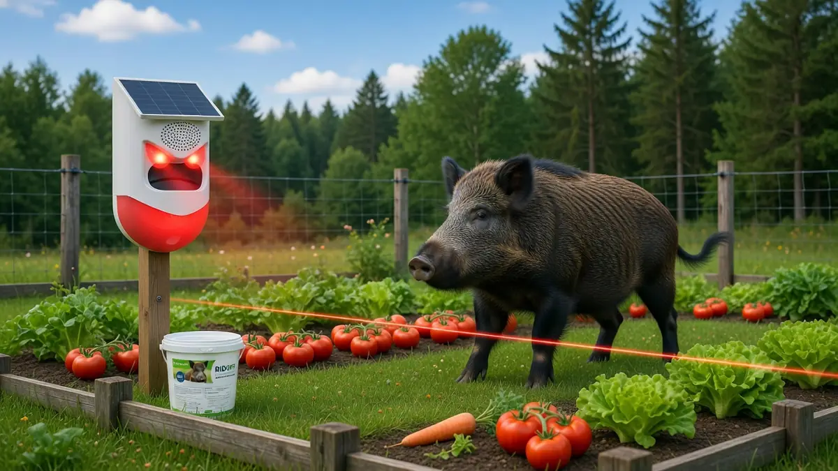 Un répulsif sanglier installé dans un potager dissuade un sanglier d'approcher des légumes