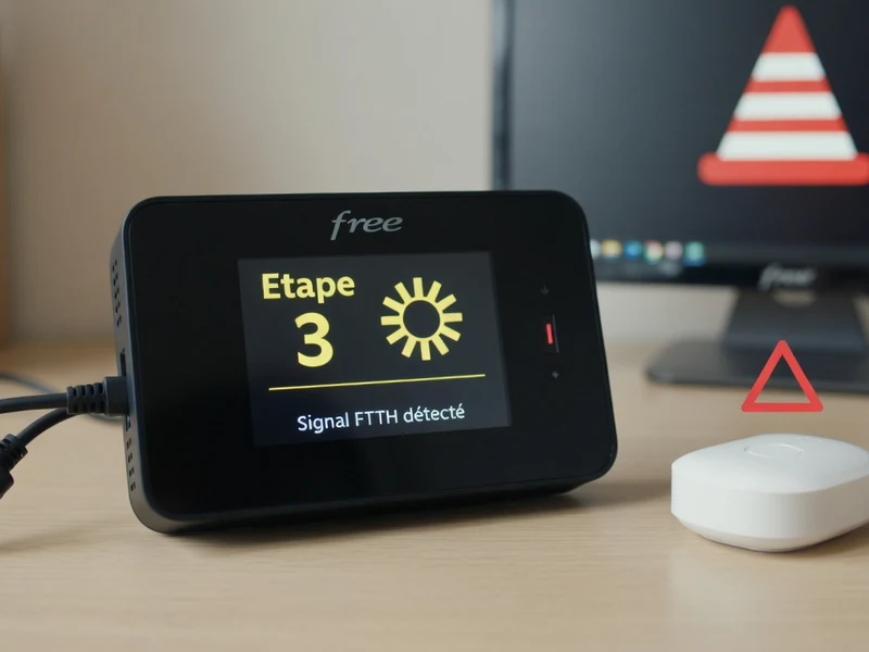 Un Freebox bloqué étape 3 posé sur une table en bois à côté d'un petit appareil blanc
