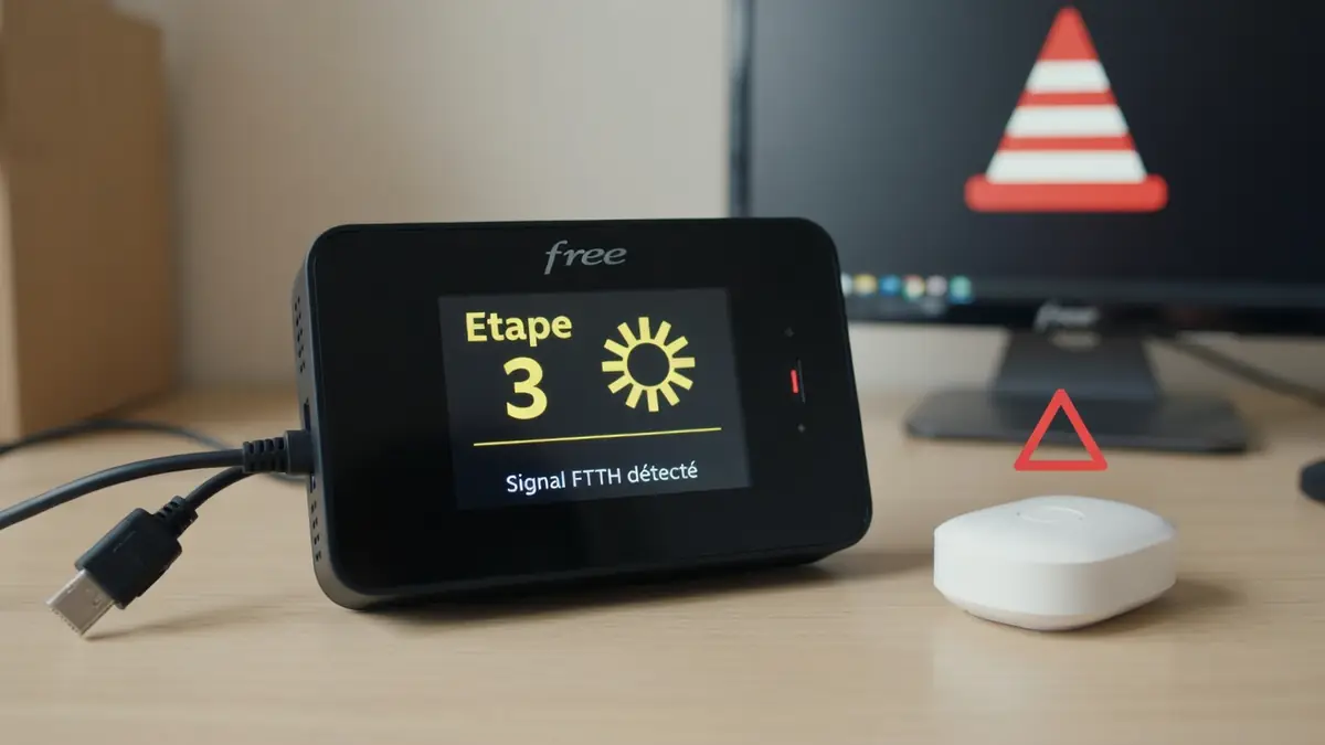 Un Freebox bloqué étape 3 posé sur une table en bois à côté d'un petit appareil blanc